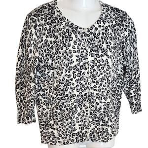 Basic Edition Women's XL Gray Black White Leopard Print V Neck 3/4 Sleeve Sweate